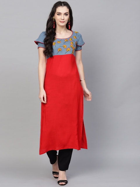 

AKS Women Red & Grey Yoke Design Empire Straight Kurta