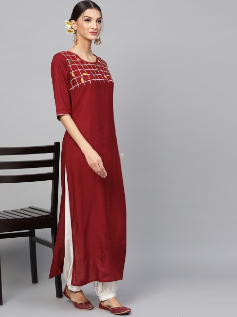 

AKS Women Maroon Yoke Design Straight Kurta