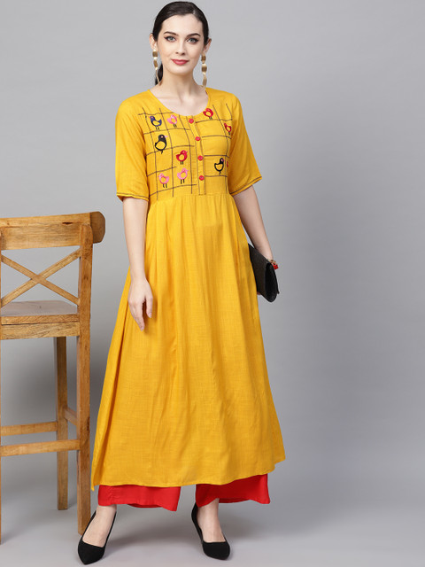 

AKS Women Mustard Yellow Yoke Design A-Line Kurta