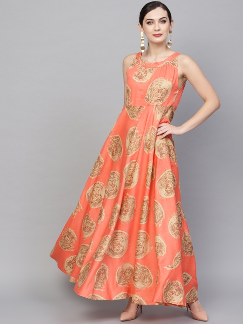 

AKS Women Peach-Coloured & Beige Printed Maxi Dress