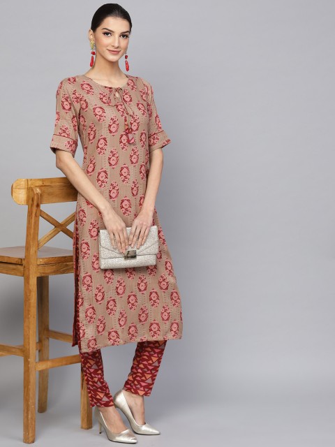 

AKS Women Beige & Maroon Printed Kurta with Trousers