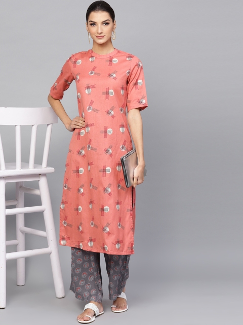 

AKS Women Pink & Grey Printed Kurta with Palazzos