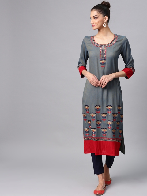 

AKS Women Grey Embroidered Straight Kurta