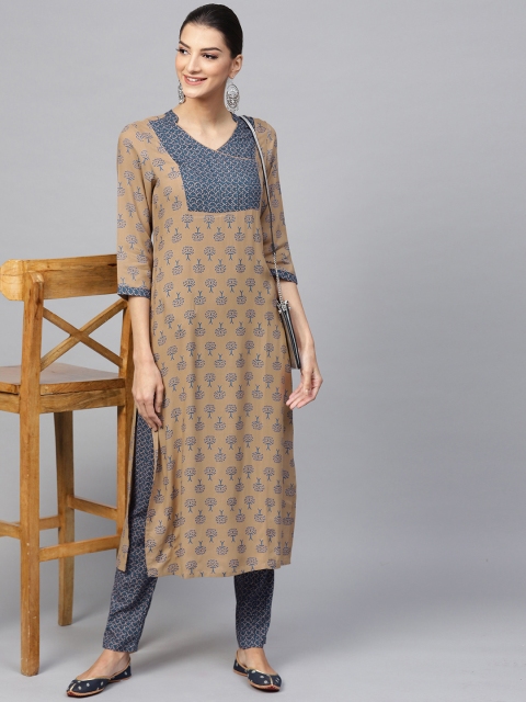 

AKS Women Beige & Blue Printed Kurta with Trousers