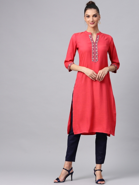 

AKS Women Coral Pink Solid Straight Kurta With Embroidered Detail