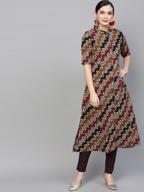 

AKS Women Grey & Brown Printed A-Line Kurta