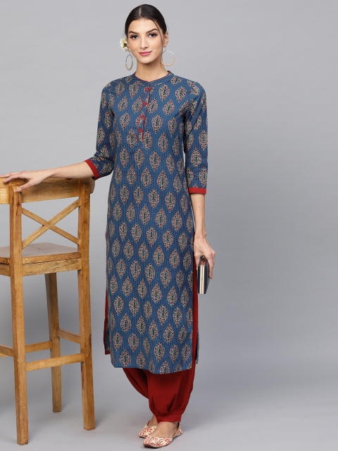 

AKS Women Navy Blue & Maroon Printed Kantha Work Straight Kurta