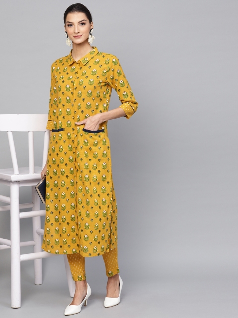 

AKS Women Mustard Yellow & Green Printed Kurta with Trousers