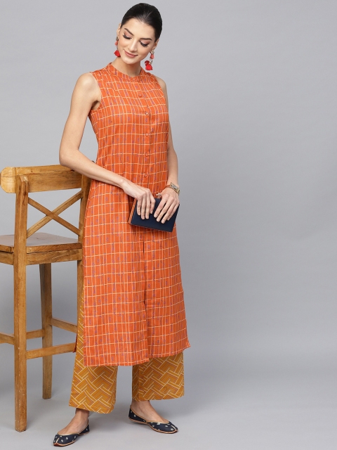 

AKS Women Orange & Mustard Yellow Printed Kurta with Palazzos
