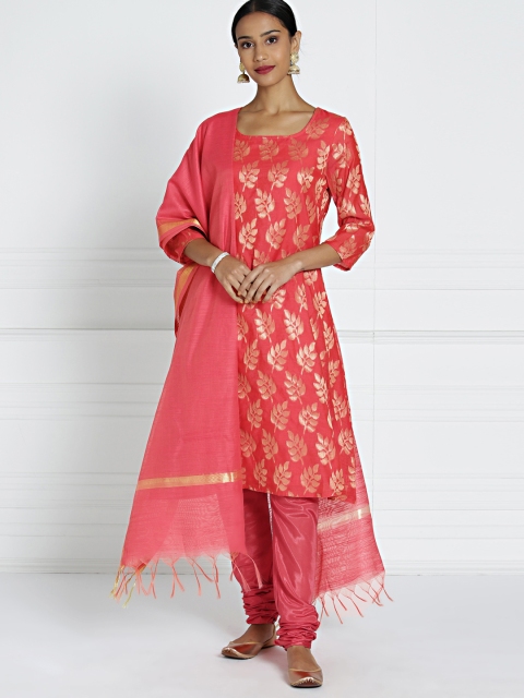 

all about you Women Coral Pink & Gold-Toned Brocade Kurta with Churidar & Dupatta