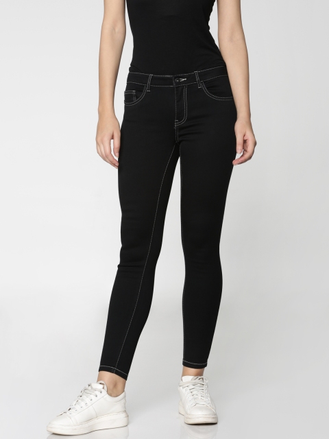 

ONLY Women Black Carmen Skinny Fit Mid-Rise Clean Look Stretchable Cropped Jeans