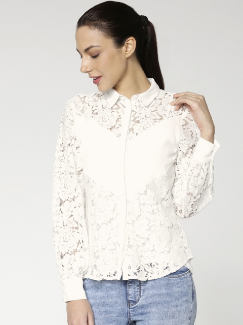 

ONLY Women White Solid Lace Casual Shirt