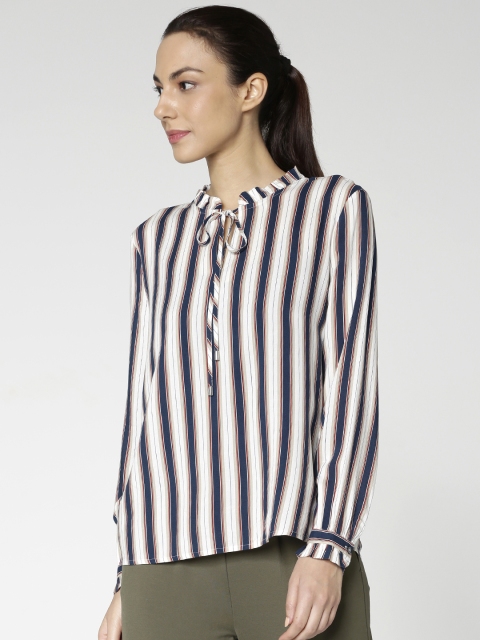 

ONLY Women Off-White & Navy Blue Striped Top