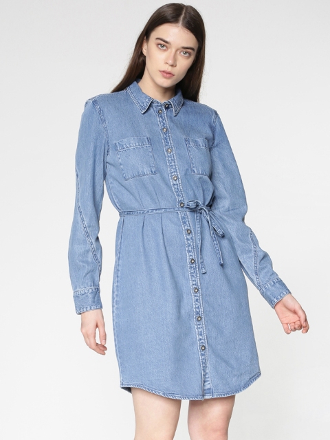 

ONLY Women Blue Solid Denim Shirt Dress