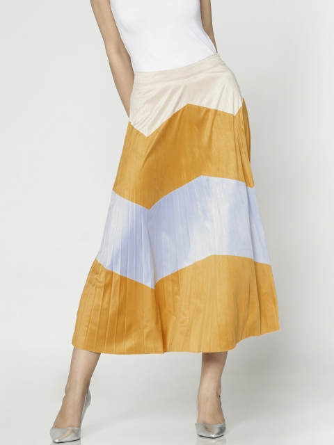 

ONLY Women Mustard Yellow & Blue Colourblocked A-Line Flared Skirt