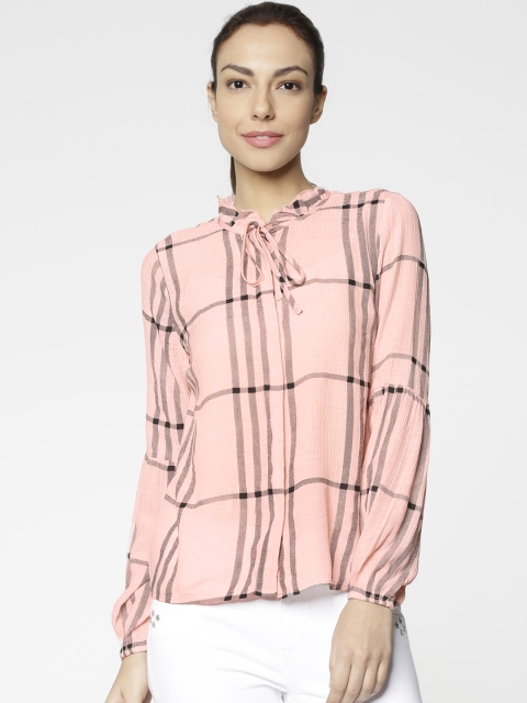 

ONLY Women Peach-Coloured Checked Shirt Style Top