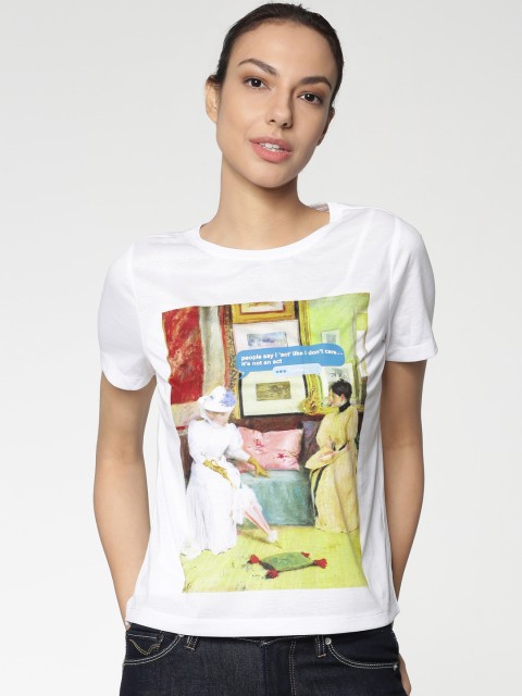 

ONLY Women White Printed Round Neck T-shirt