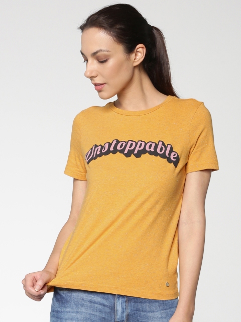 

ONLY Women Mustard Yellow Printed Round Neck T-shirt