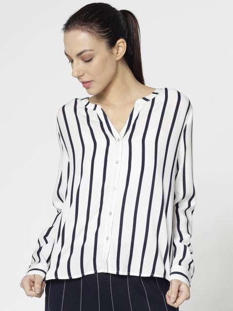

ONLY Women White & Navy Blue Regular Fit Striped Casual Shirt