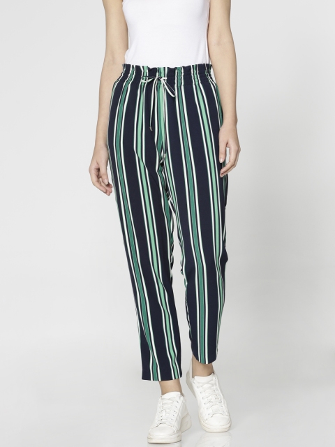 

ONLY Women Green & Navy Blue Regular Fit Striped Regular Trousers