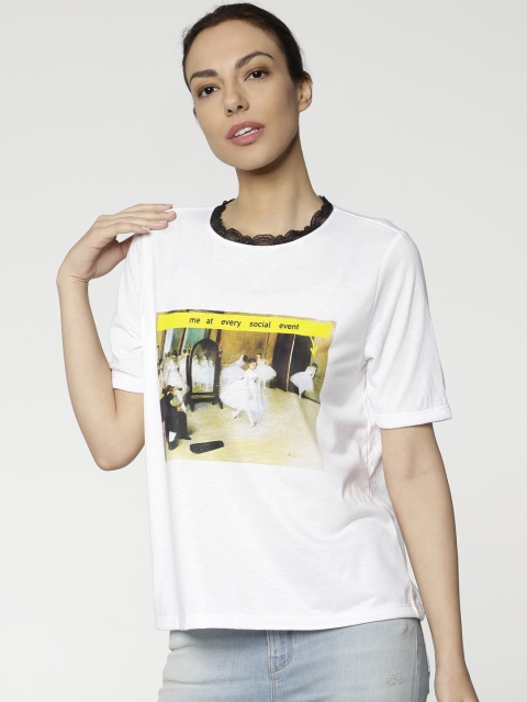 

ONLY Women White Printed Round Neck T-shirt