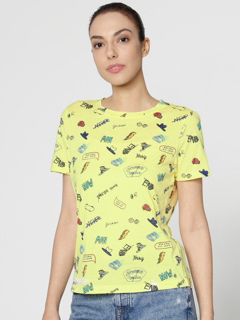 

ONLY Women Yellow Printed T-shirt