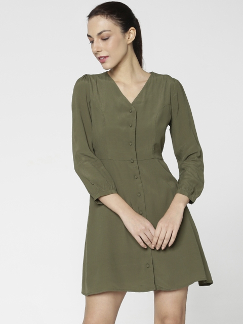

ONLY Women Olive Green Solid Shirt Dress