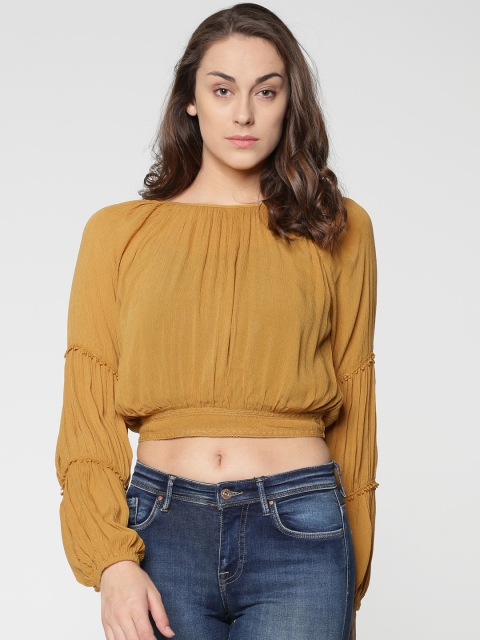 

ONLY Women Mustard Yellow Solid Blouson Crop Top