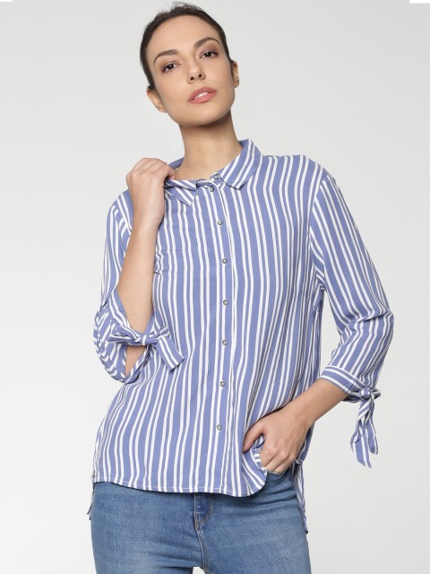 

ONLY Women Blue & White Boxy Striped Casual Shirt