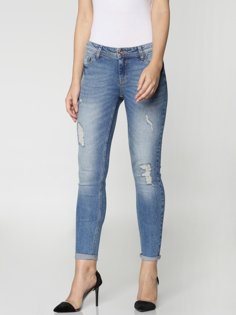 

ONLY Women Blue Skinny Fit Mid-Rise Mildly Distressed Cropped Stretchable Jeans