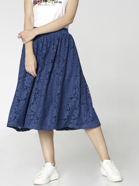 

ONLY Women Blue Self Design Flared Pure Cotton Skirt