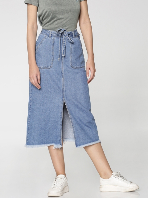 

ONLY Women Blue Denim Straight Pure Cotton Skirt With A Slit