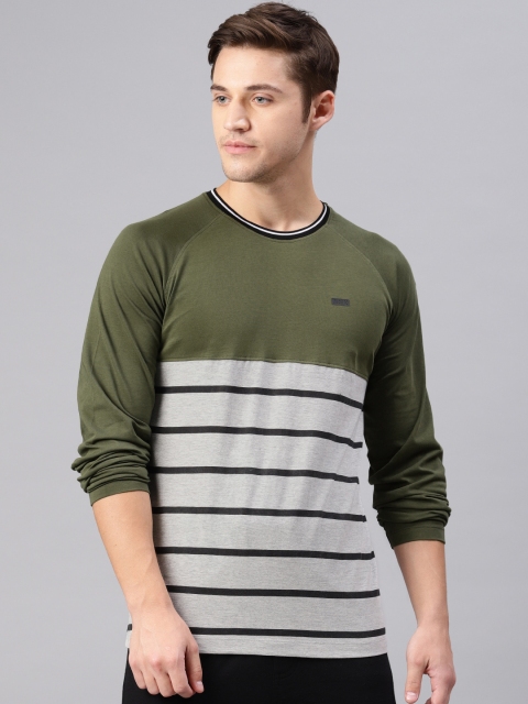 

HRX by Hrithik Roshan Men Olive Green & Black Striped Round Neck T-shirt