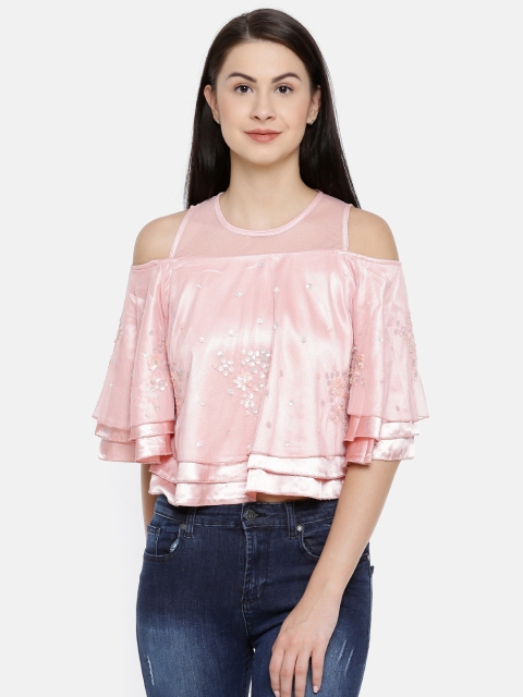 

Colour Me by Melange Women Pink Embellished Tiered Cold-Shoulder Top
