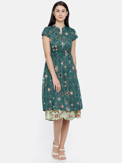 

Colour Me by Melange Women Green Printed Fit and Flare Dress