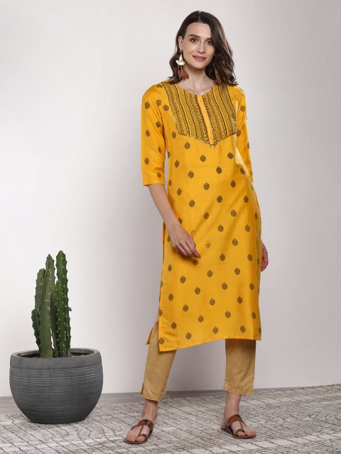 

Sangria Women Yellow & Brown Printed Straight Kurta