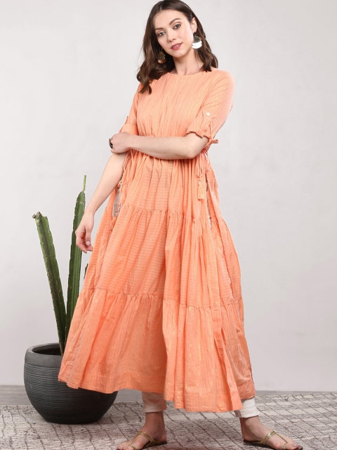 

Sangria Women Peach-Coloured Striped Tiered A-Line Kurta
