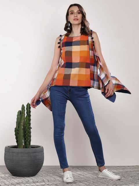 

Sangria Women Rust Orange & Navy Blue Checked A-Line Pure Cotton Top