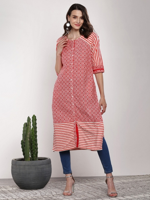

Sangria Women Orange & White Printed Straight Kurta