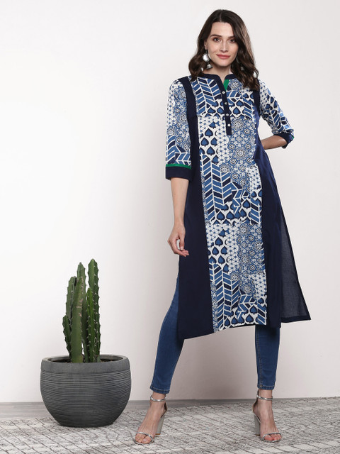 

Sangria Women Navy Blue Printed A-Line Kurta
