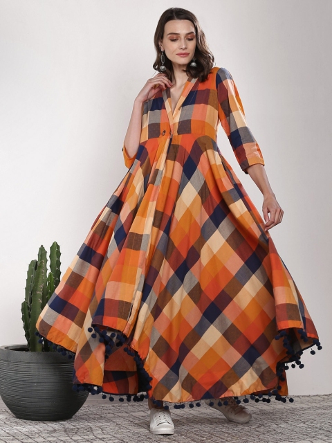 

Sangria Women Orange & Blue Checked Buttoned Shrug