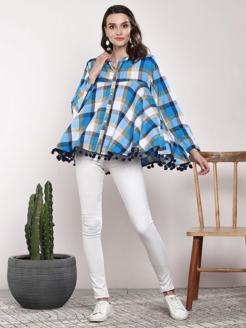 

Sangria Women Blue & White Regular Fit Checked Casual Shirt