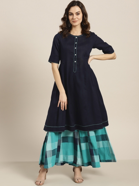

Sangria Women Navy Blue Solid A-Line Kurta with Flared Palazzos