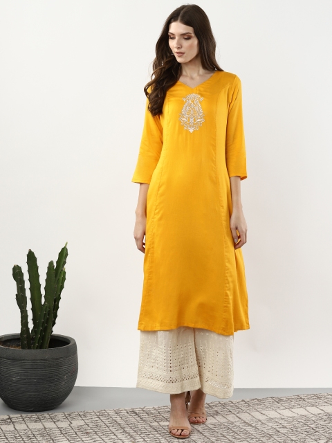 

Sangria Women Mustard Yellow & Off-White Solid Kurta with Palazzos