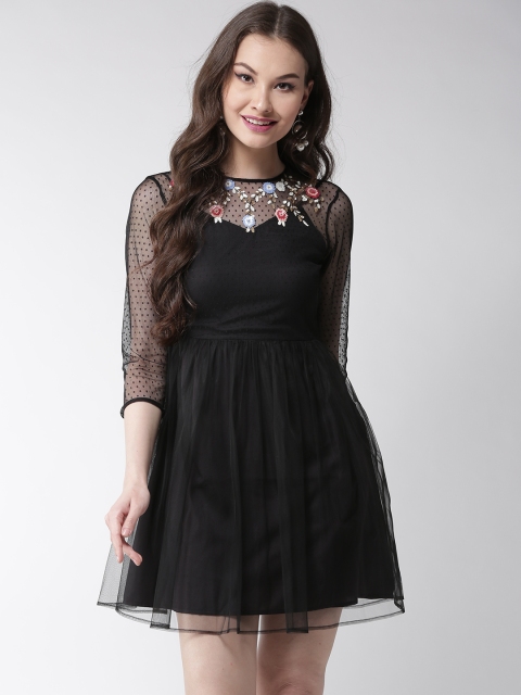 

MISH Women Black Self-Design Net Fit and Flare Dress