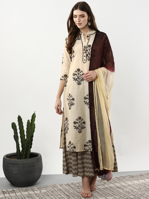 

Sangria Women Cream-Coloured & Brown Printed Kurta with Palazzos & Dupatta