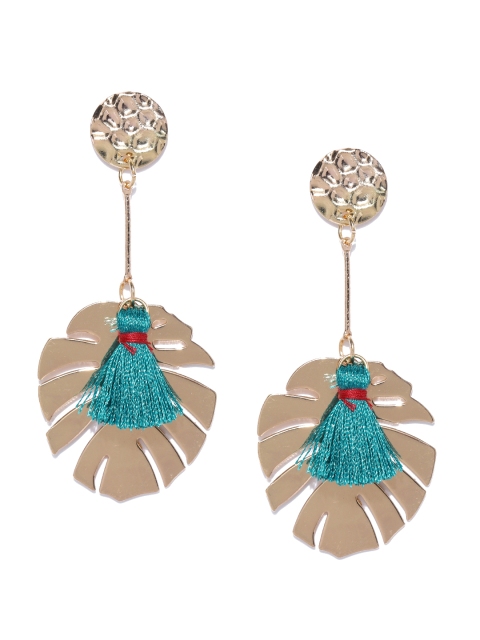 

ToniQ Gold-Toned & Green Leaf Shaped Drop Earrings