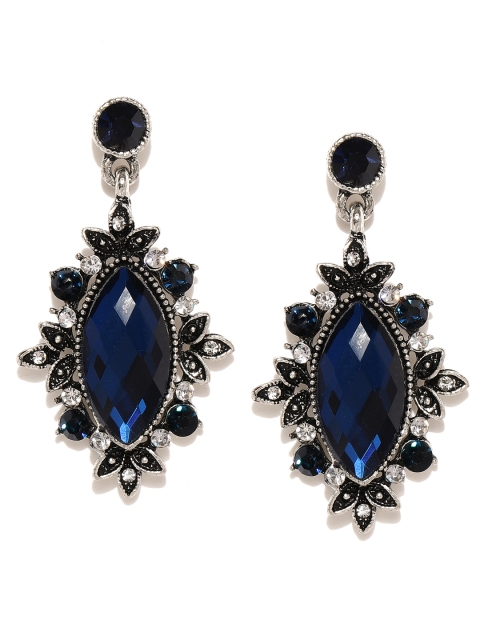 

ToniQ Navy Blue & Silver-Toned Oxidized Classic Drop Earrings