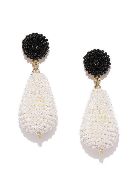 

ToniQ White & Black Teardrop Shaped Seedbeed Drop Earrings