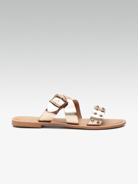 

Steve Madden Women Rose Gold-Toned Leather Studded Open Toe Flats